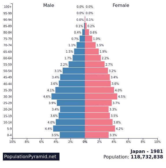 日本の40年前における人口ピラミッド